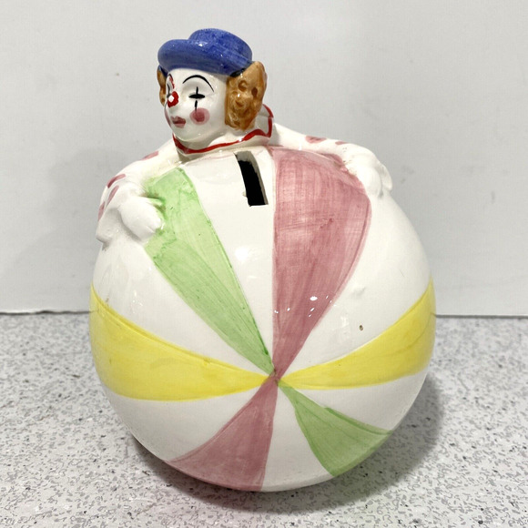 Vintage Collectible Piggy Bank Ceramic Clown on Circus Ball Colorful Whimsical - Picture 7 of 11